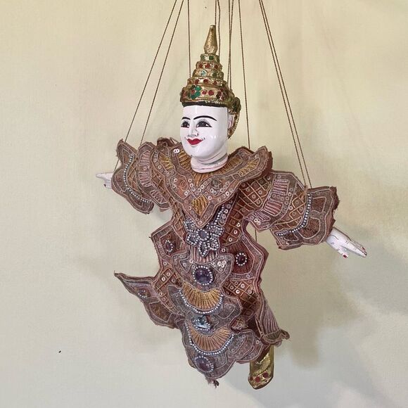 Hand Crafted Other - Thai Marionette Puppet 1960s Vintage 23 1/2 Inches, Sequined Traditional Dress,